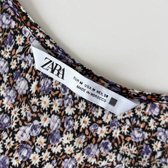 Zara Floral Ruched Mini Dress Size M Purple Black Long Sleeve V-Neck Ruffle Hem - Picture 3 of 14